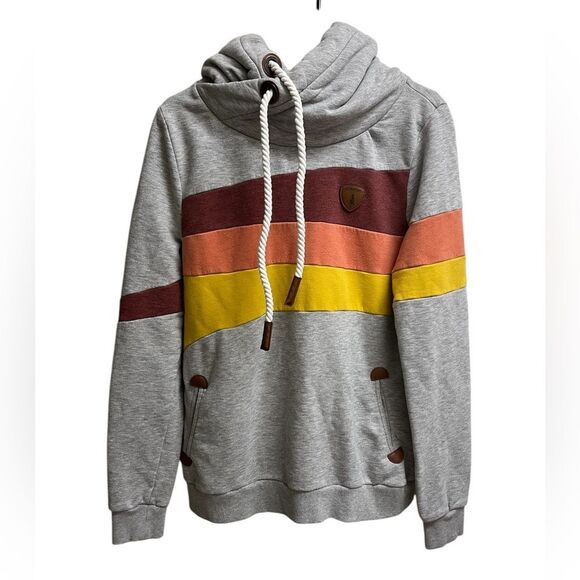 WANAKOME Abigail Hooded Sweatshirt in Heather Grey Orange Striped SZ L - Picture 2 of 4